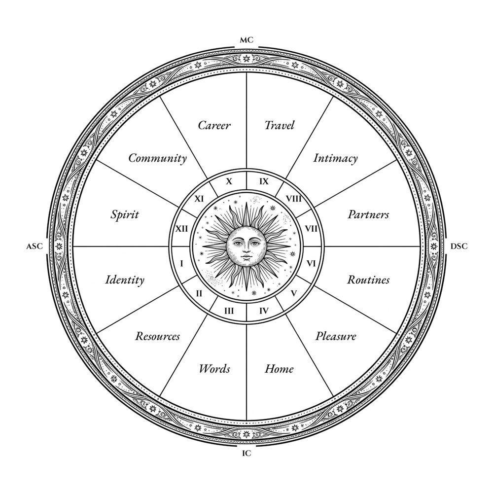 Chart wheel with the twelve houses and the ascendant marked on the left